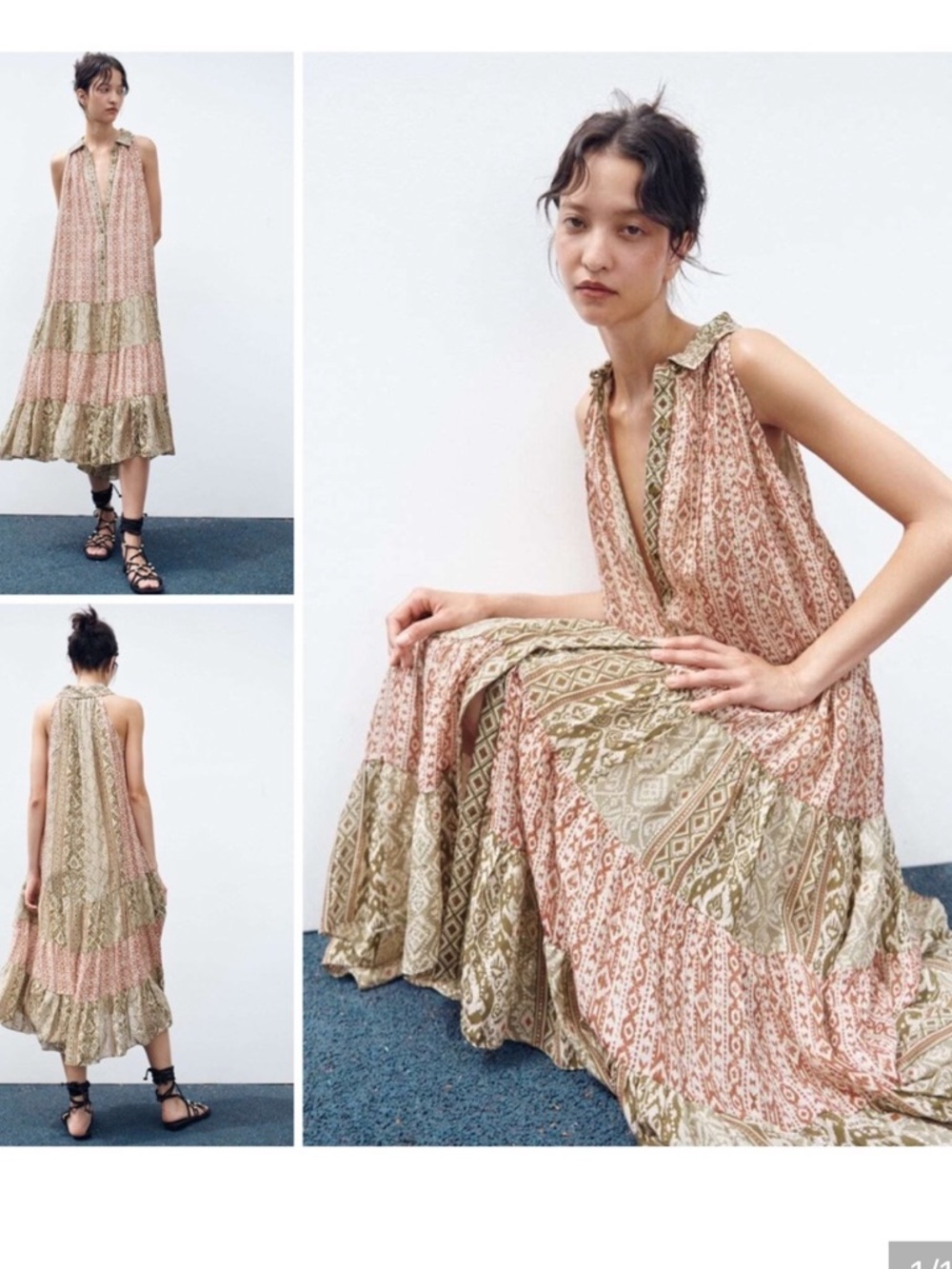 Zara Sleeveless Tiered Maxi Dress in Pink & Olive Tribal Print